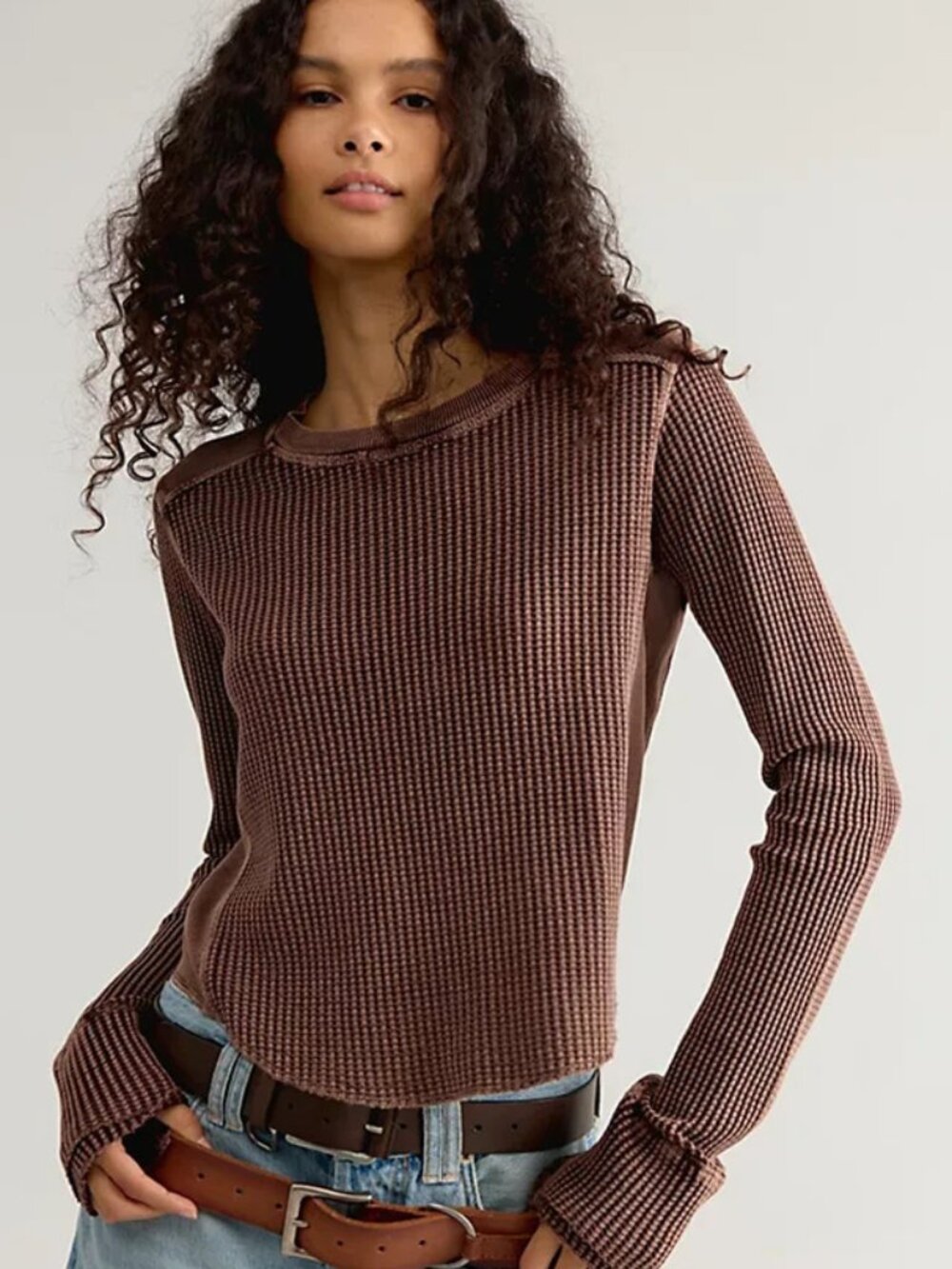 Free People FP One Blake Shrunken Crew Neck Thermal Long Sleeve Top S
